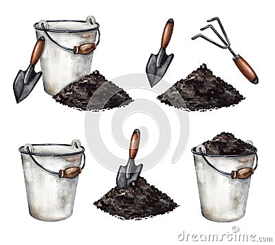 Garden tools, bucket and soil on white background. Watercolor illustration Stock Photo